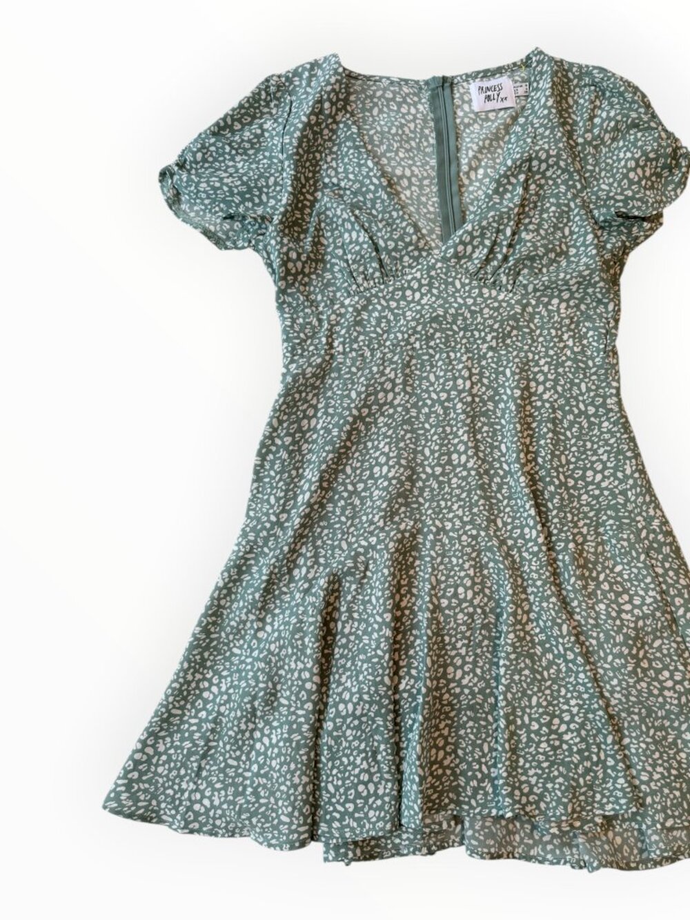 Princess Polly Mini Dress US 4 Sage Green Puff Sleeve Fit Flare